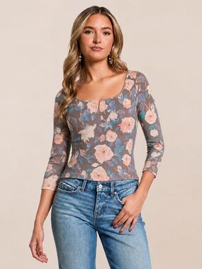 Mudd Floral Scoop Neck Long-Sleeve Ribbed Henley Top Shirt Large